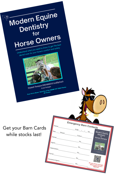 Cover of Modern Equine Dentistry and a ER Contact Barn Card with a cartoon horse