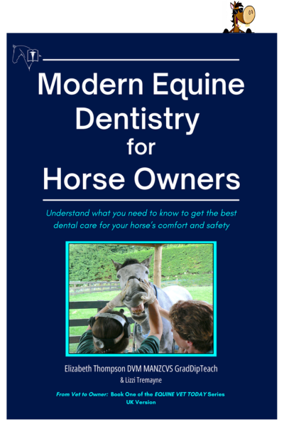Modern Equine Dentistry cover with Freddie the cartoon horse hanging off it.