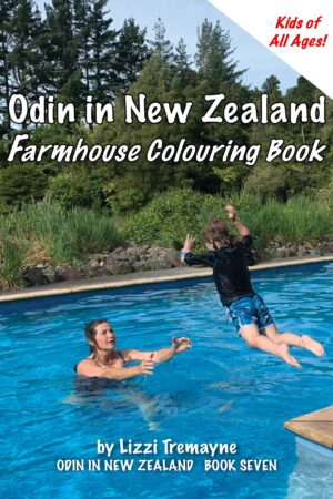 Cover of Odin Farmhouse colouring book. Odin leaping into pool.