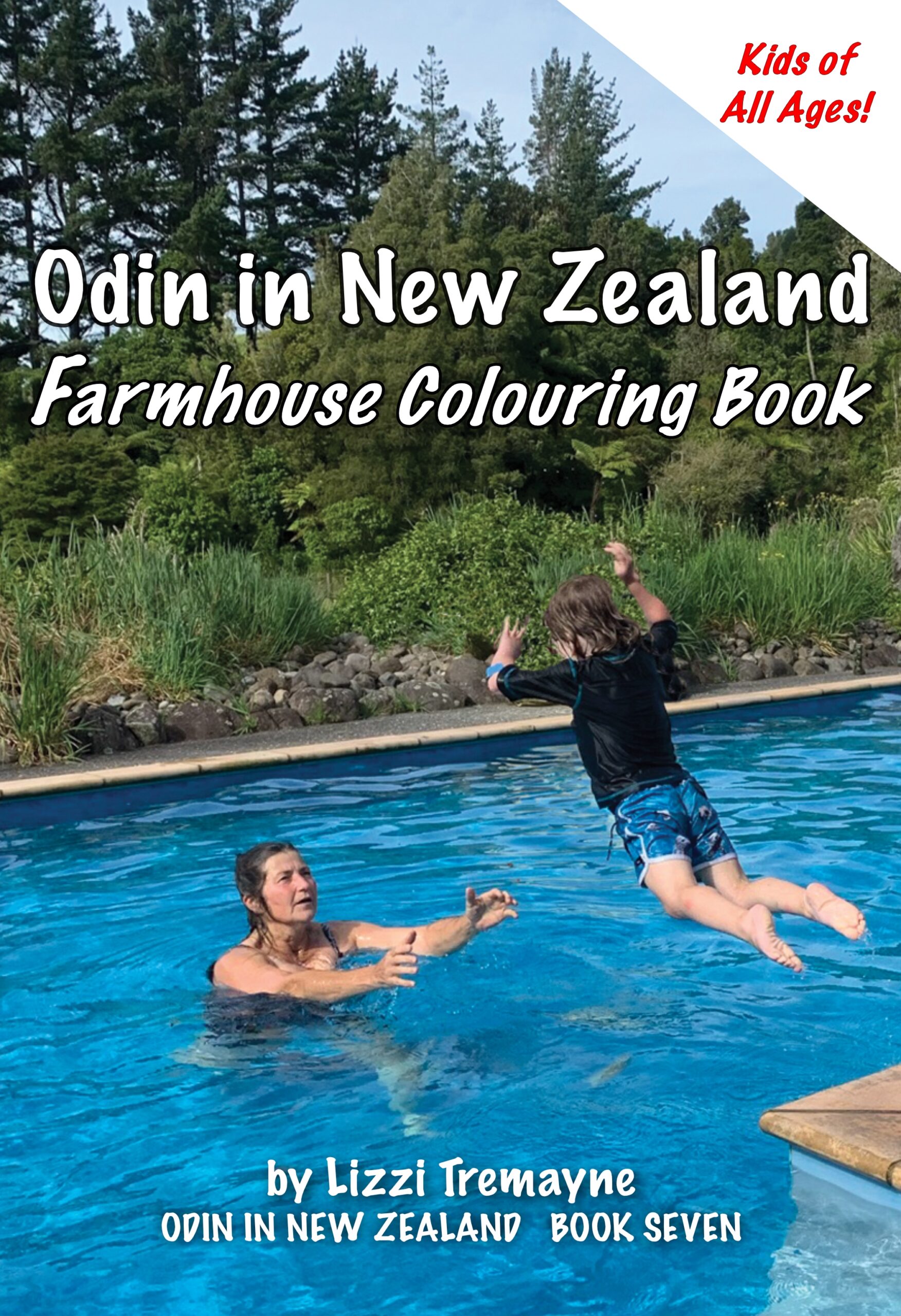 Cover of Odin Farmhouse colouring book. Odin leaping into pool.