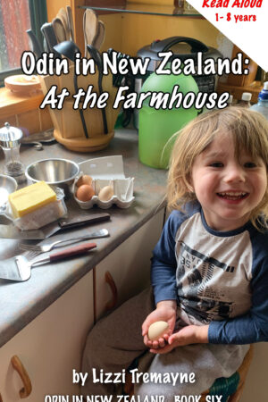Odin at farmhouse read aloud cover with odin surrounded by breakfast makings.